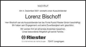 Traueranzeige von Lorenz Bischoff von Metzinger-Uracher Volksblatt