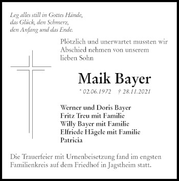 Traueranzeige von Maik Bayer von Hohenloher Tagblatt