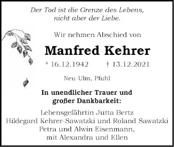 Traueranzeige von Manfred Kehrer von SÜDWEST PRESSE Ausgabe Ulm/Neu-Ulm