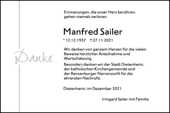 Traueranzeige von Manfred Sailer von Illertal Bote