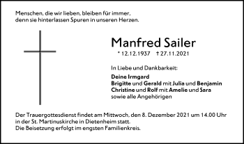 Traueranzeige von Manfred Sailer von Illertal Bote