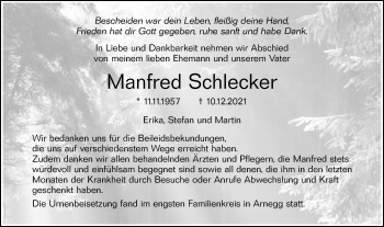 Traueranzeige von Manfred Schlecker von SÜDWEST PRESSE Ausgabe Ulm/Neu-Ulm