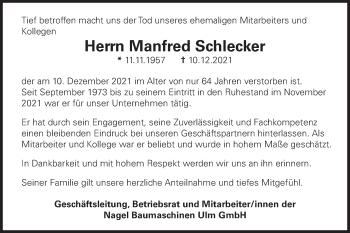 Traueranzeige von Manfred Schlecker von SÜDWEST PRESSE Ausgabe Ulm/Neu-Ulm