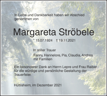 Traueranzeige von Margareta Ströbele von SÜDWEST PRESSE Ausgabe Ulm/Neu-Ulm