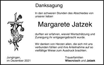 Traueranzeige von Margarete Jatzek von Metzinger-Uracher Volksblatt