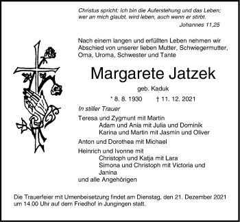 Traueranzeige von Margarete Jatzek von Metzinger-Uracher Volksblatt