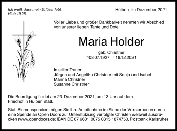 Traueranzeige von Maria Holder von Alb-Bote/Metzinger-Uracher Volksblatt