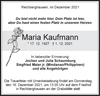 Traueranzeige von Maria Kaufmann von NWZ Neue Württembergische Zeitung