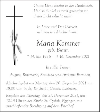 Traueranzeige von Maria Kommer von SÜDWEST PRESSE Ausgabe Ulm/Neu-Ulm