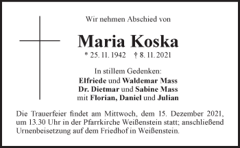 Traueranzeige von Maria Koska von NWZ Neue Württembergische Zeitung