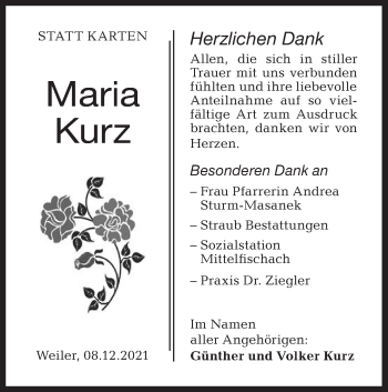 Traueranzeige von Maria Kurz von Haller Tagblatt