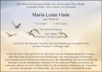 Traueranzeige von Maria-Luise Haile von SÜDWEST PRESSE Ausgabe Ulm/Neu-Ulm