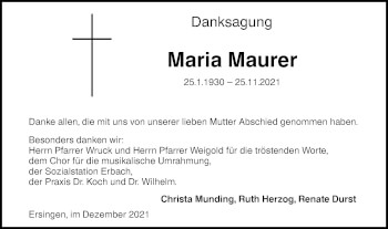 Traueranzeige von Maria Maurer von SÜDWEST PRESSE Ausgabe Ulm/Neu-Ulm