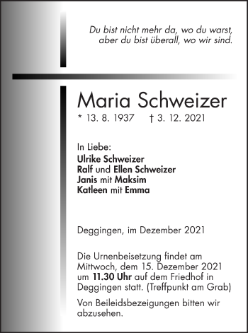 Traueranzeige von Maria Schweizer von Geislinger Zeitung