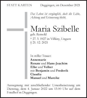 Traueranzeige von Maria Szibelle von Geislinger Zeitung