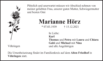 Traueranzeige von Marianne Hörz von SÜDWEST PRESSE Ausgabe Ulm/Neu-Ulm