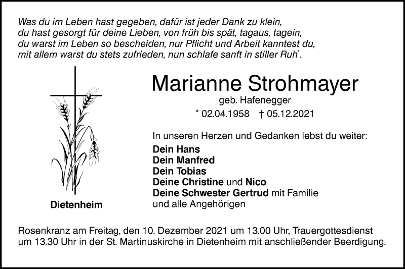  Traueranzeige für Marianne Strohmayer vom 08.12.2021 aus Illertal Bote