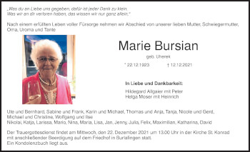 Traueranzeige von Marie Bursian von SÜDWEST PRESSE Ausgabe Ulm/Neu-Ulm