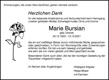 Traueranzeige von Marie Bursian von SÜDWEST PRESSE Ausgabe Ulm/Neu-Ulm