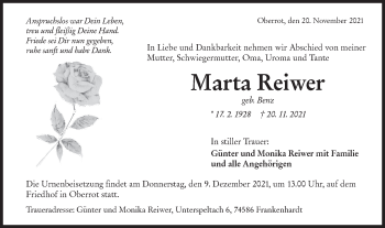 Traueranzeige von Marta Reiwer von Rundschau Gaildorf