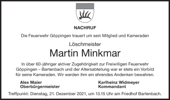 Traueranzeige von Martin Minkmar von NWZ Neue Württembergische Zeitung