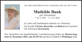 Traueranzeige von Mathilde Bunk von SÜDWEST PRESSE Ausgabe Ulm/Neu-Ulm