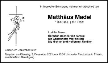 Traueranzeige von Matthäus Madel von SÜDWEST PRESSE Ausgabe Ulm/Neu-Ulm