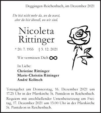 Traueranzeige von Nicoletta Rittinger von Geislinger Zeitung