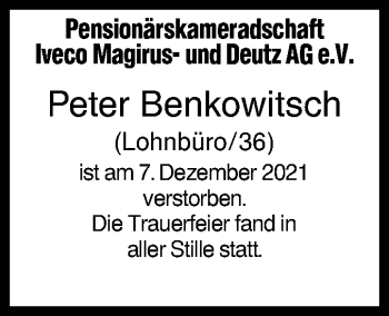 Traueranzeige von Peter Benkowitsch von SÜDWEST PRESSE Ausgabe Ulm/Neu-Ulm