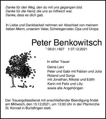 Traueranzeige von Peter Benkowitsch von SÜDWEST PRESSE Ausgabe Ulm/Neu-Ulm