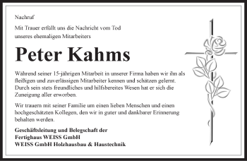 Traueranzeige von Peter Kahms von Haller Tagblatt