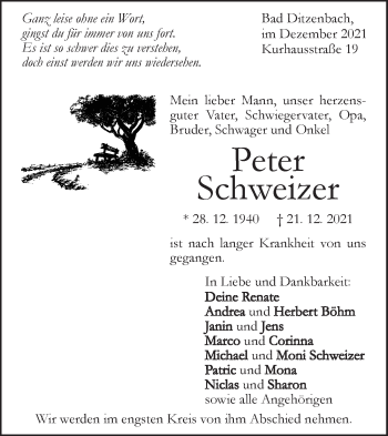 Traueranzeige von Peter Schweizer von Geislinger Zeitung