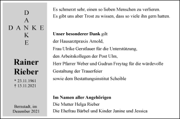 Traueranzeige von Rainer Rieber von SÜDWEST PRESSE Ausgabe Ulm/Neu-Ulm