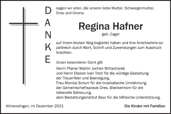 Traueranzeige von Regina Hafner von Ehinger Tagblatt