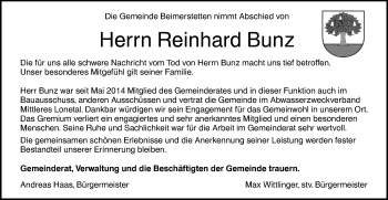 Traueranzeige von Reinhard Bunz von SÜDWEST PRESSE Ausgabe Ulm/Neu-Ulm