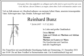 Traueranzeige von Reinhard Bunz von SÜDWEST PRESSE Ausgabe Ulm/Neu-Ulm