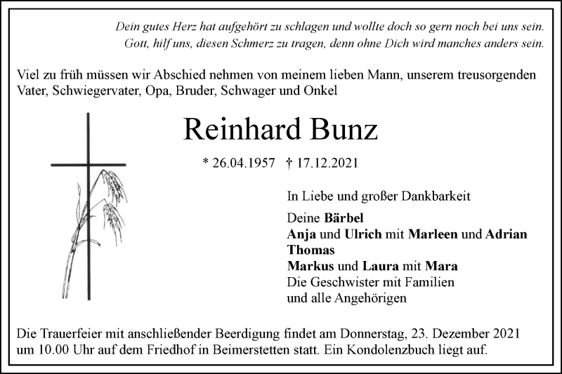  Traueranzeige für Reinhard Bunz vom 21.12.2021 aus SÜDWEST PRESSE Ausgabe Ulm/Neu-Ulm