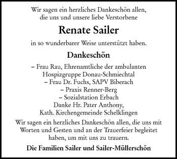 Traueranzeige von Renate Sailer von Ehinger Tagblatt