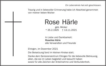 Traueranzeige von Rose Härle von Ehinger Tagblatt