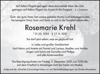 Traueranzeige von Rosemarie Krehl von Alb-Bote/Metzinger-Uracher Volksblatt