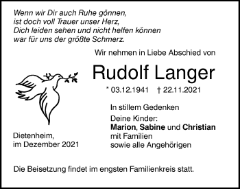 Traueranzeige von Rudolf Langer von Illertal Bote