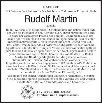 Traueranzeige von Rudolf Martin von Hohenloher Tagblatt