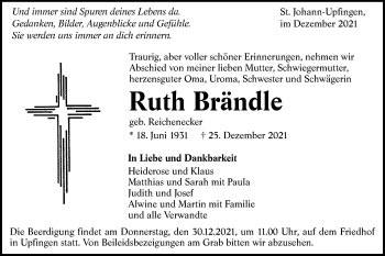 Traueranzeige von Ruth Brändle von Alb-Bote/Metzinger-Uracher Volksblatt