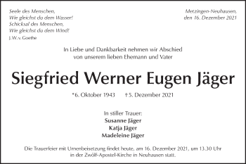 Traueranzeige von Siegfried Werner Eugen Jäger von Metzinger-Uracher Volksblatt