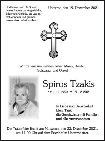 Traueranzeige von Spiros Tzakis von Rundschau Gaildorf