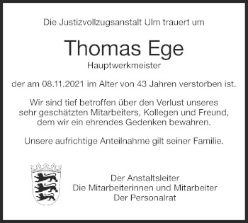 Traueranzeige von Thomas Ege von SÜDWEST PRESSE Ausgabe Ulm/Neu-Ulm