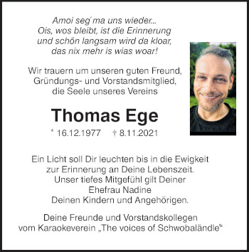 Traueranzeige von Thomas Ege von Ehinger Tagblatt