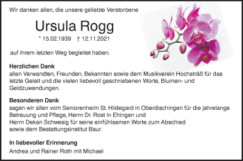 Traueranzeige von Ursula Rogg von SÜDWEST PRESSE