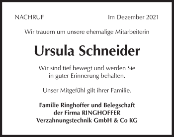 Traueranzeige von Ursula Schneider von Metzinger-Uracher Volksblatt