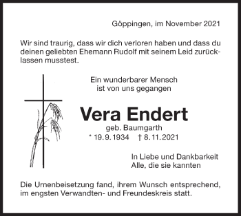 Traueranzeige von Vera Endert von NWZ Neue Württembergische Zeitung